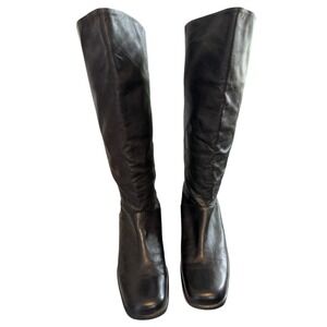 Laura Scott Sabrina Black Leather Tall Knee High Boots Square Toe Block Heel 10